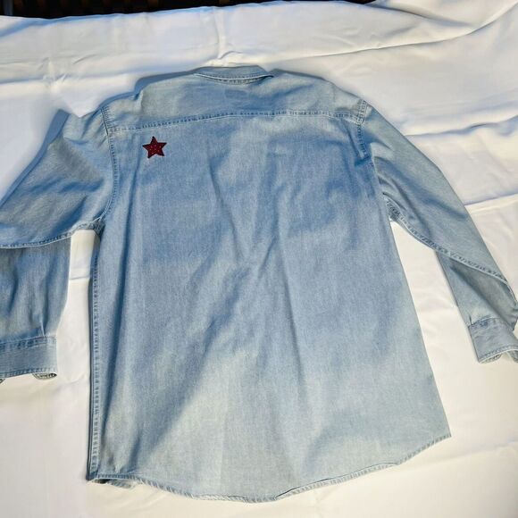 Patriotic Outrageous Sport Men Denim Button Down Shirt Blue Embroidered Cotton L - Picture 6 of 13